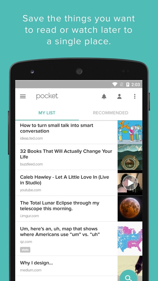 pocket app interface