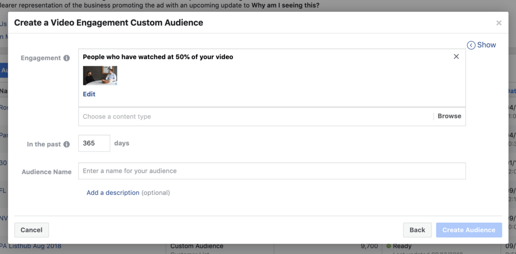 video engagement custom audience 