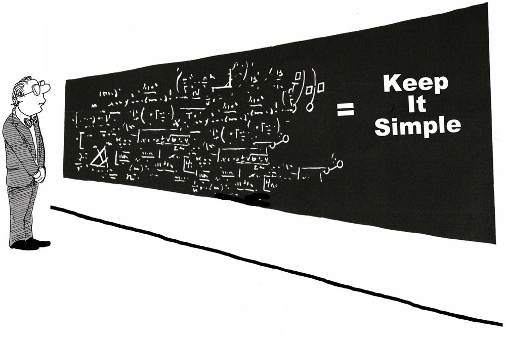 Get clients by keeping it simple, rather than hyper complicated - image of many equations on blackboard with an end result of "keep it simple"
